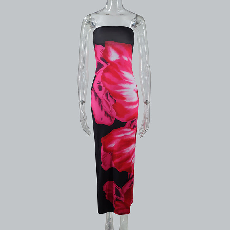 Wholesale Sexy style slim fit printed tube top slit hip-hugging long dress